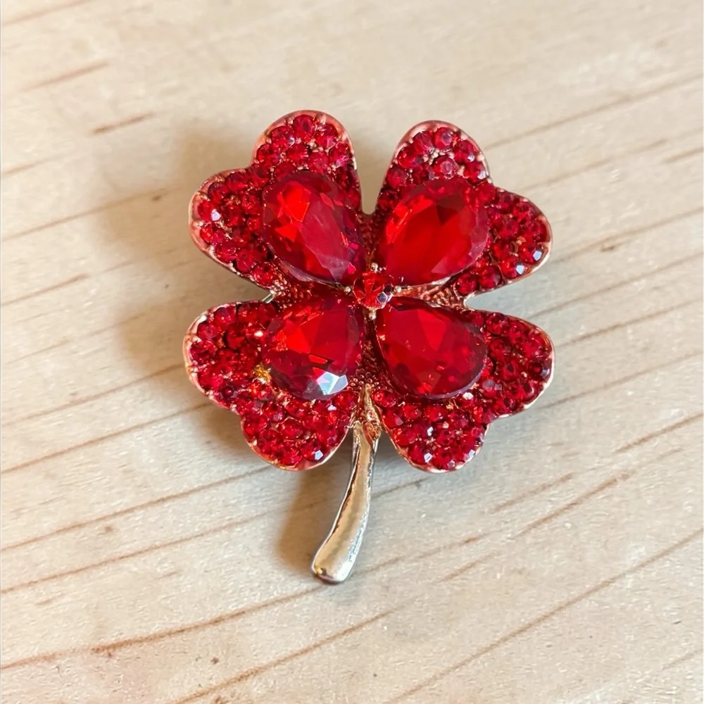 Mint Red Crystal Four-Leaf‎ Clover Brooch